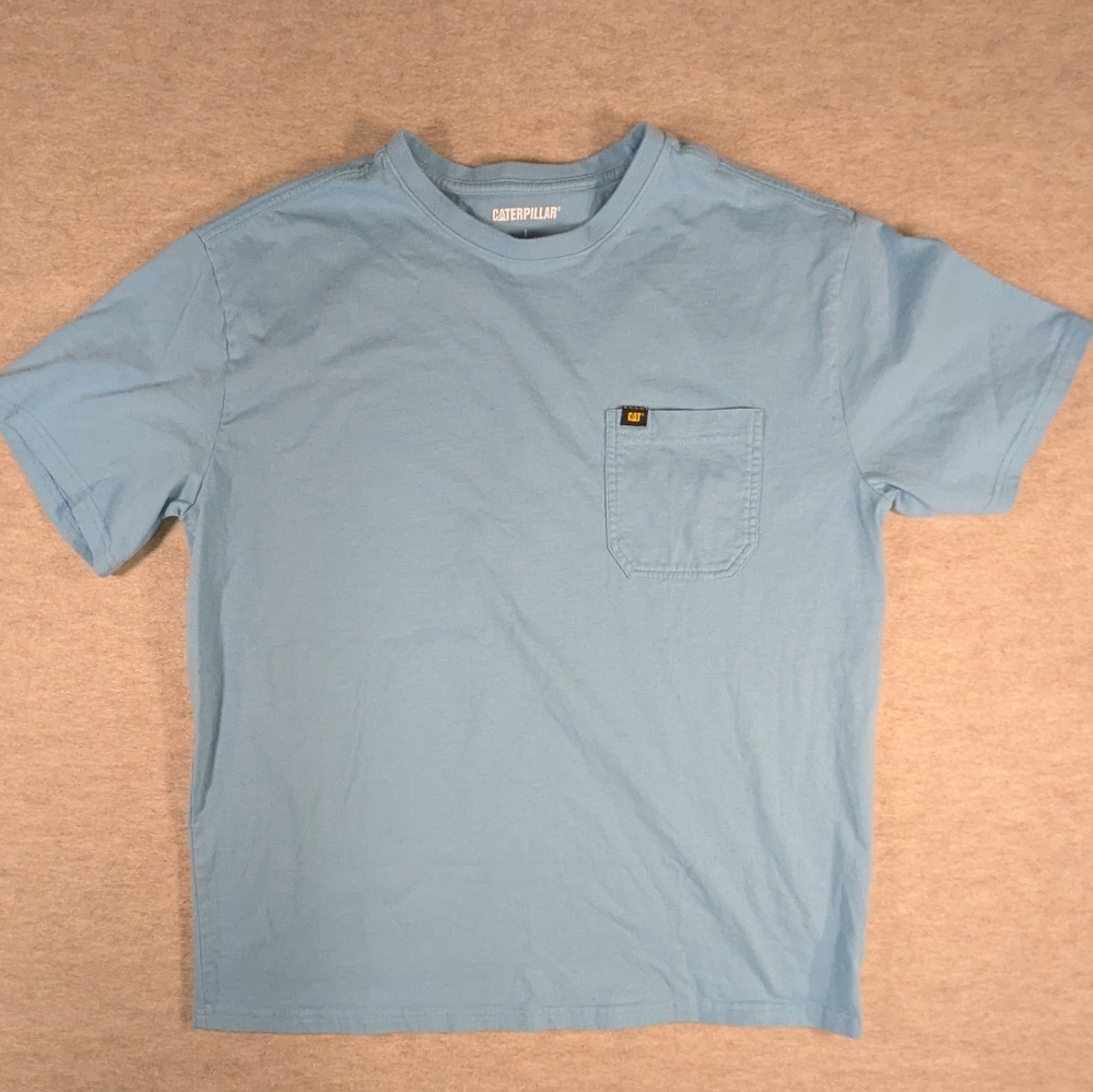 Caterpillar Light Sky Blue T-Shirt Pocket Every Day Cotton Basic Tee Size Large